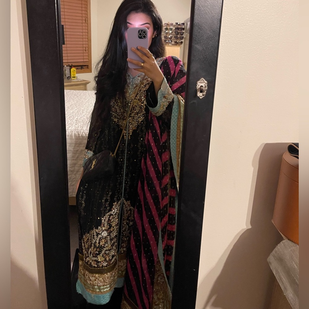 Pakistani Black Gold Pink and Blue Shalwar Kameez